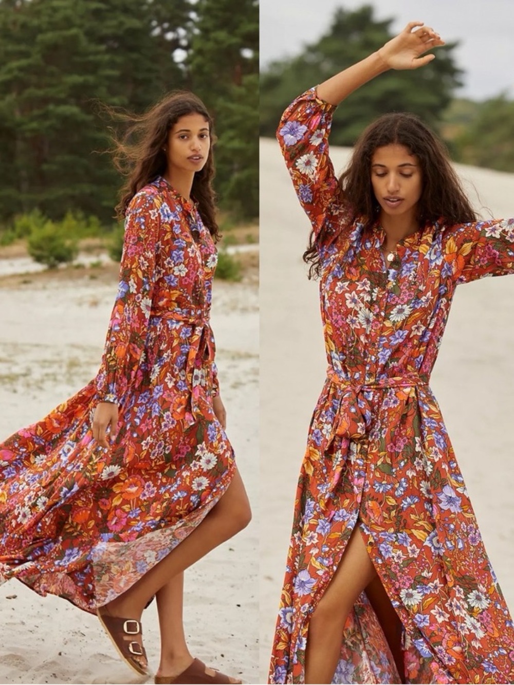 Anthropologie Rust Floral Maxi Shirt Dress